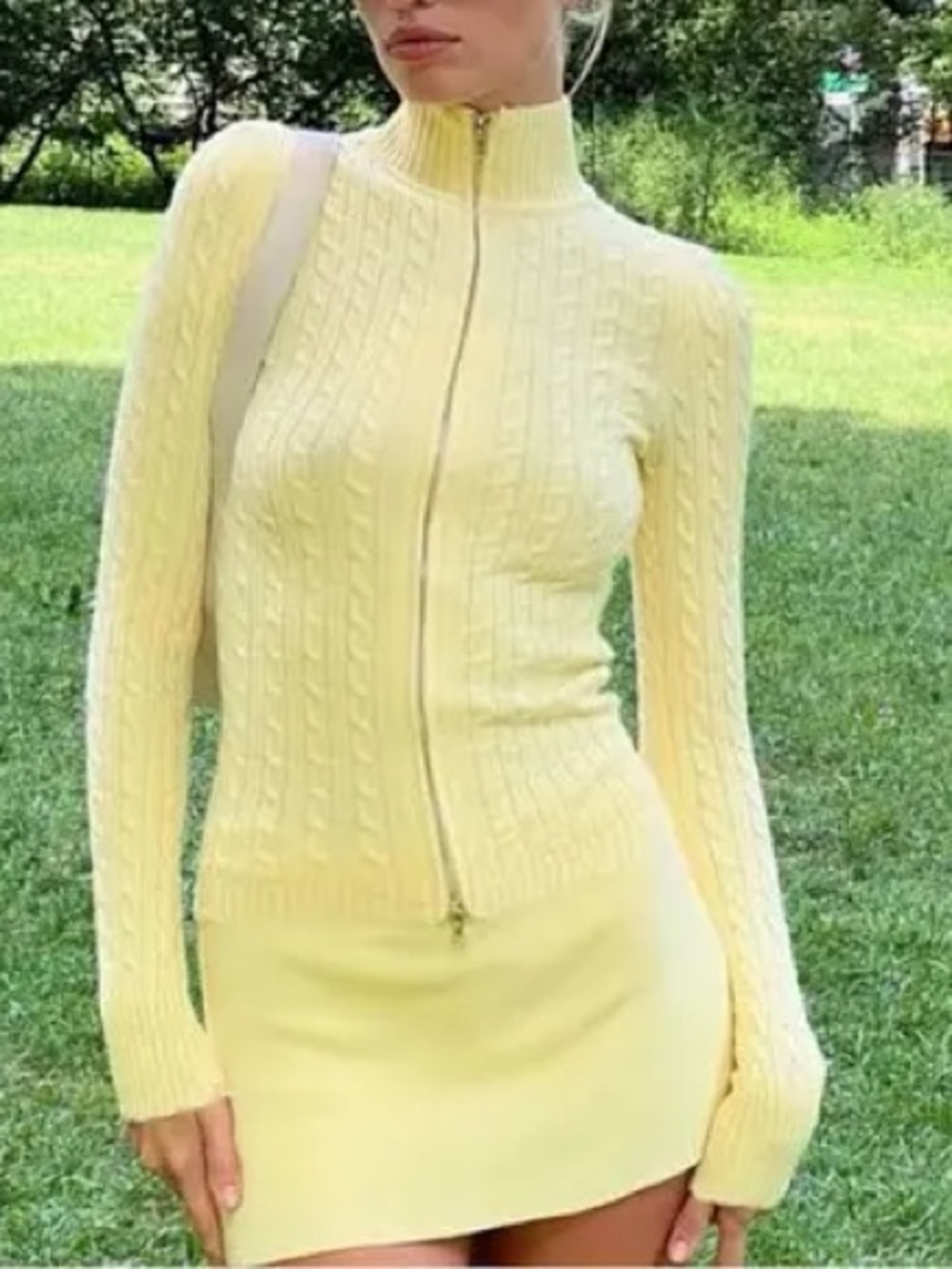 Frankie's Bikinis Pale Yellow Cable Knit Zip-Front Turtleneck Sweater